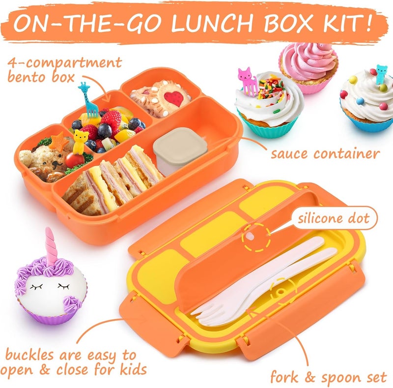 QQKO Bento Box for Kids Adults, School Toddler Lunch Box for Boys Girls, Lunch Box Containers with 4 Compartments, Sauce Container, Utensils, Food Picks and Muffin Cups for School, Orange Yellow - Image 3